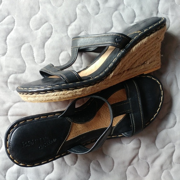 Born Shoes - Born Drilles Black Leather T-Strap Wedge Heel 10